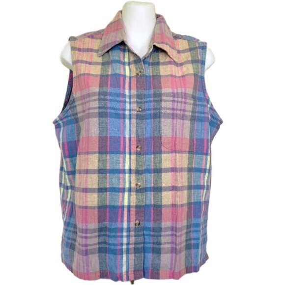 Linen Blend Sleeveless Shirt Pastel Madras Plaid Vintage Y2K Denver Hayes - Picture 2 of 5